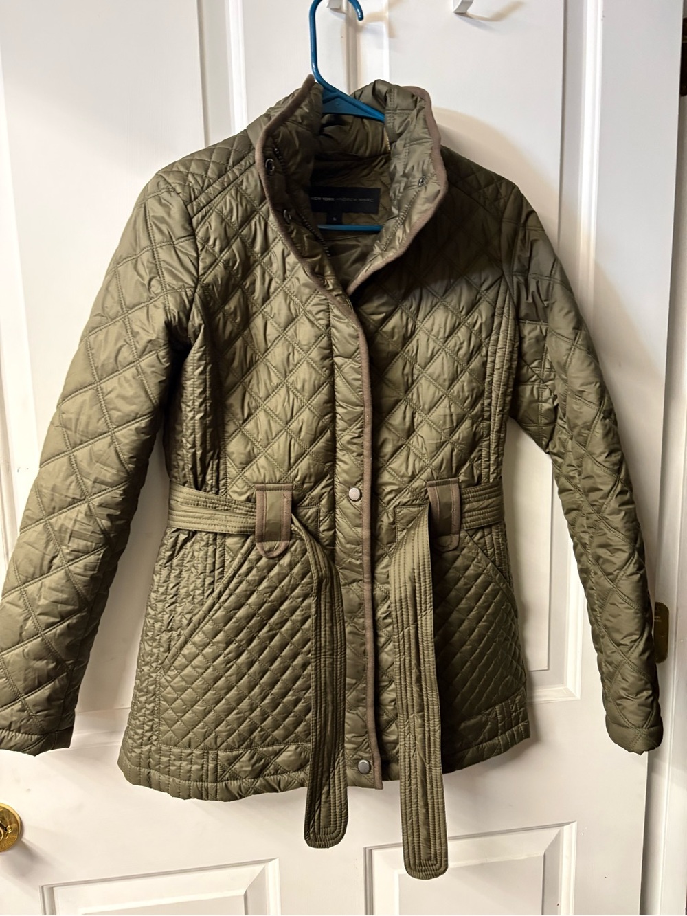 Quilted Belted Puffer Jacket in Olive